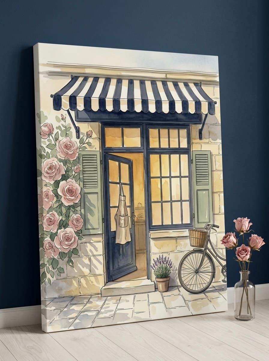 Parisian Patisserie Canvas Wall Art | Watercolor Storefront Framed Print | Kitchen Dining Room Decor