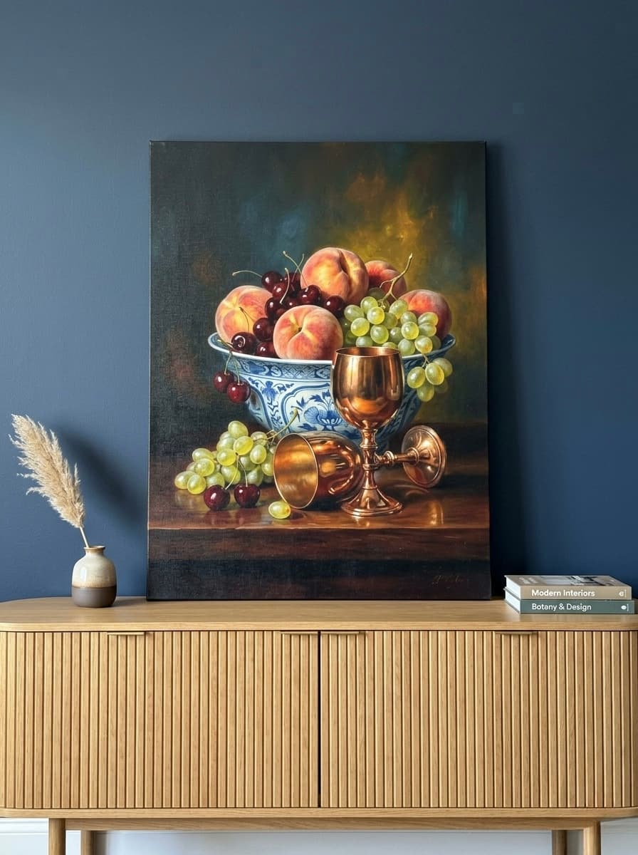 Peaches and Cherries Still Life Canvas Wall Art | Dutch Golden Age Print | Elegant Dining Room Decor