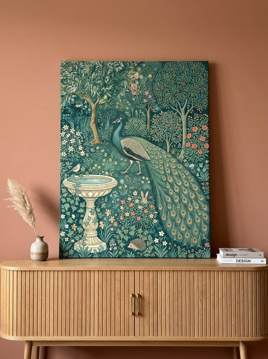 Peacock Enchanted Garden Nursery Canvas Wall Art | Teal Gold Botanical Kids Room Decor | Elegant Gift Print