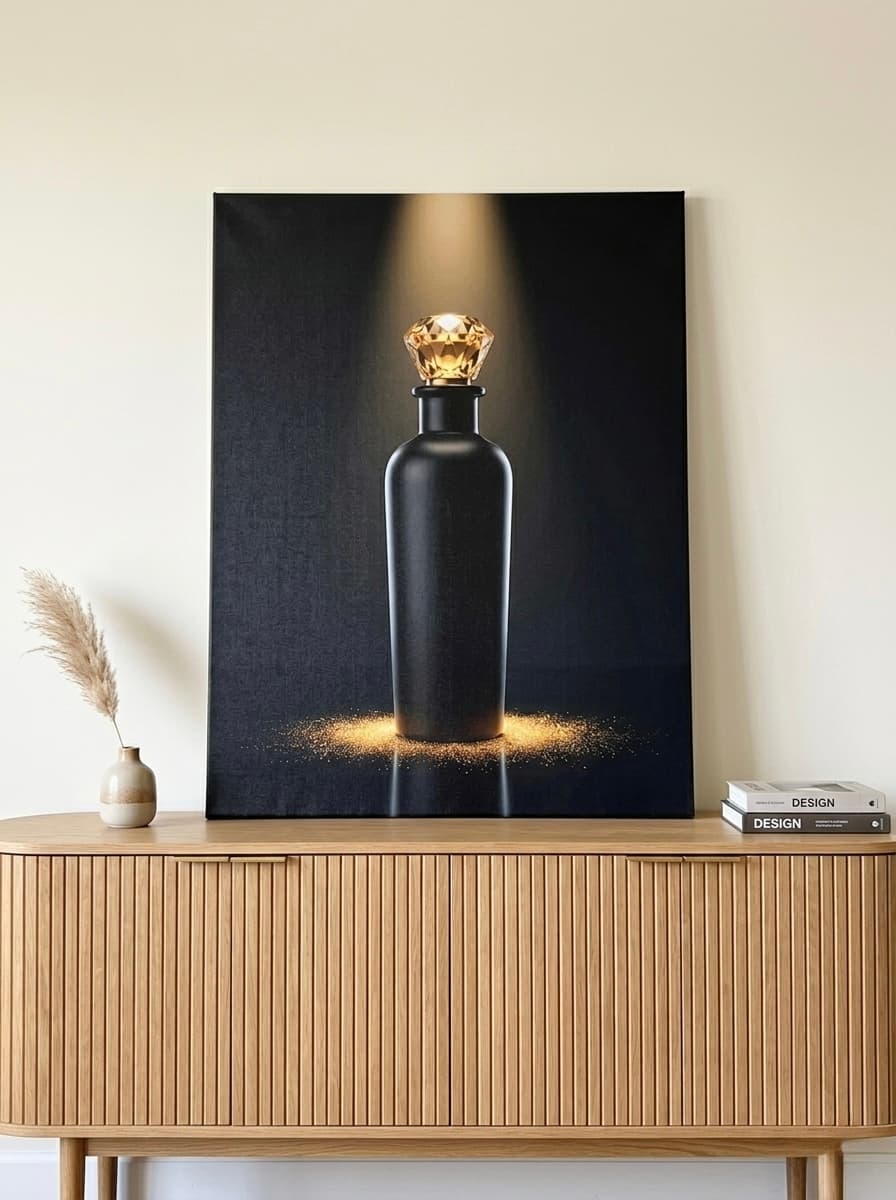 Perfume Bottle Canvas Wall Art | Luxury Black Gold Decor | Dark Glamour Bedroom Art Gift