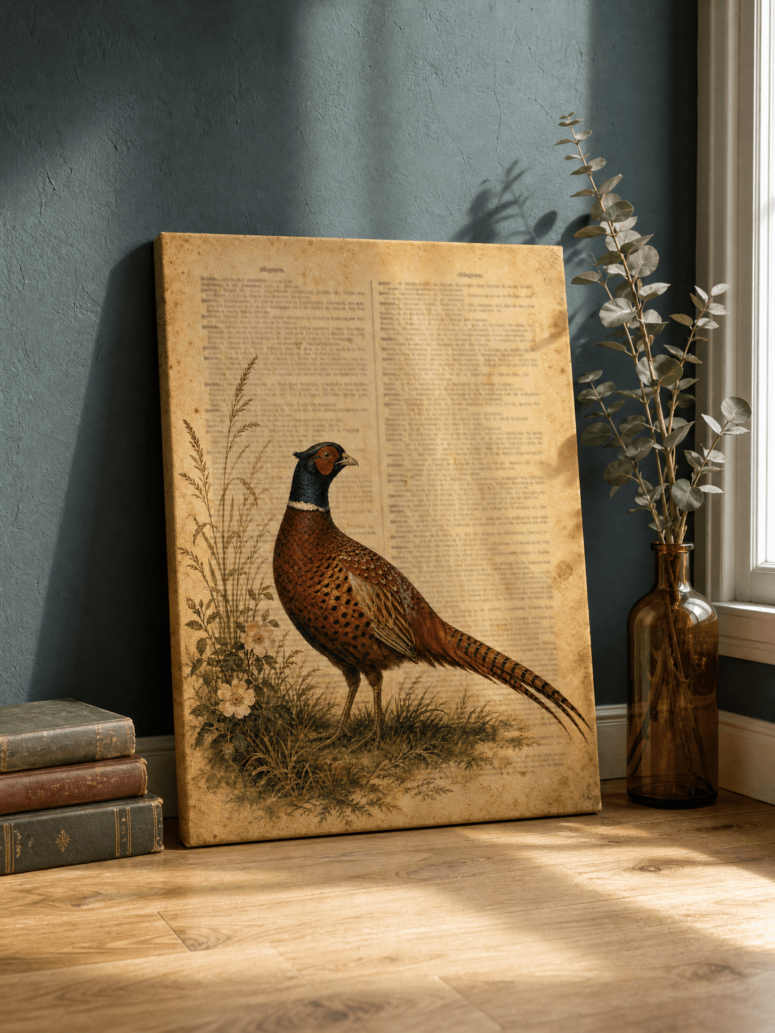 Pheasant Dictionary Page Canvas Wall Art | Vintage Botanical Print | Library Home Decor