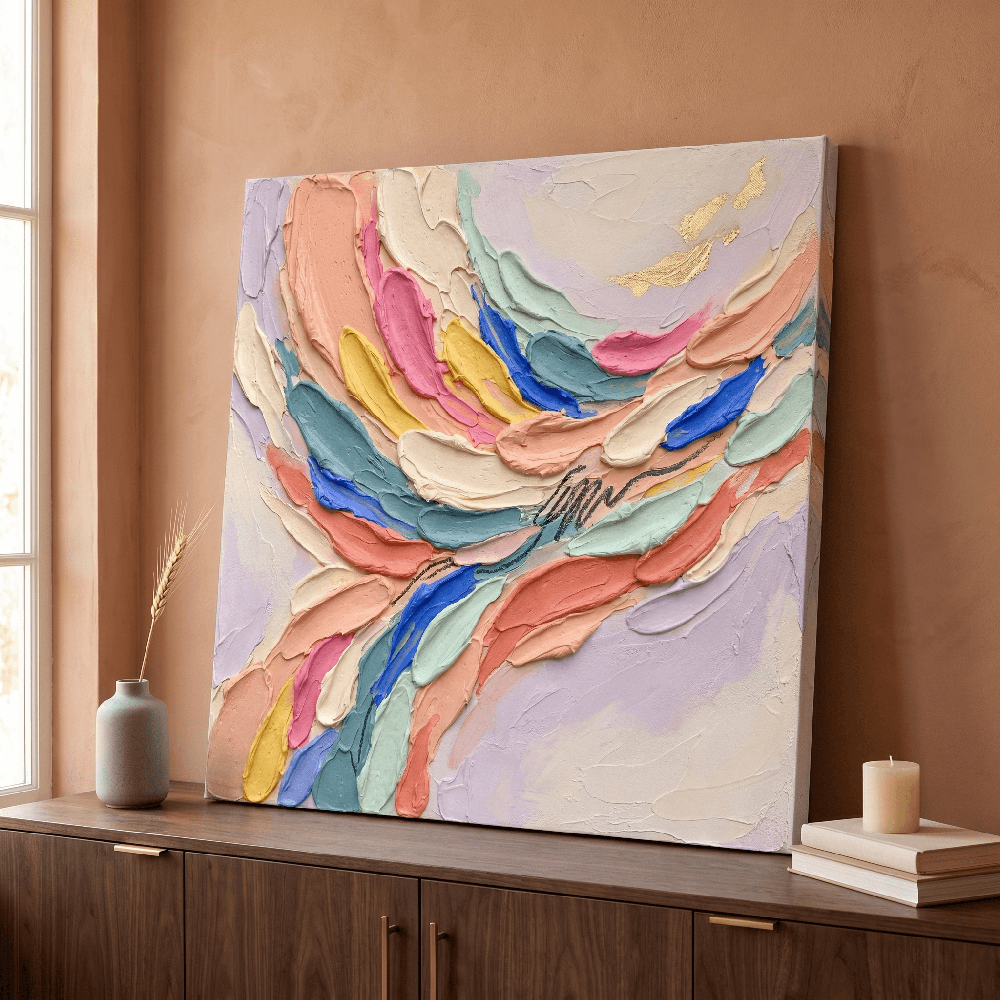 Plaster Texture Pastel Wave Canvas Wall Art | Modern Impasto Abstract Print | Living Room Home Decor