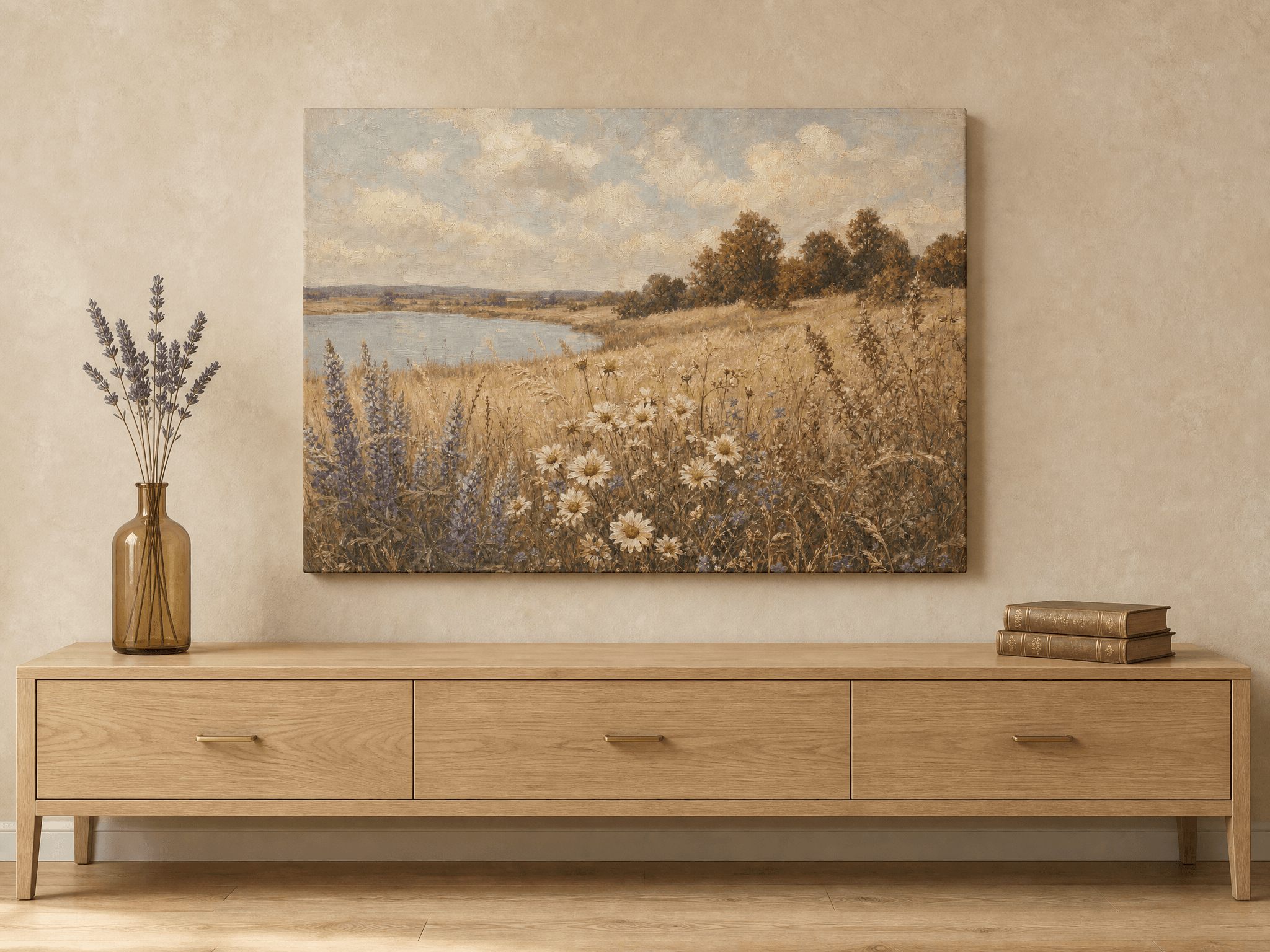 Pond Daisies Lupine Meadow Canvas Wall Art | Vintage Pastoral Print | Guest Room Home Decor