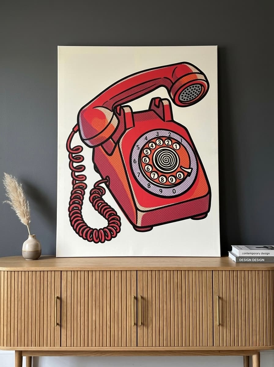 Pop Art Rotary Phone Canvas Wall Art | Retro Halftone Print | Living Room Home Decor