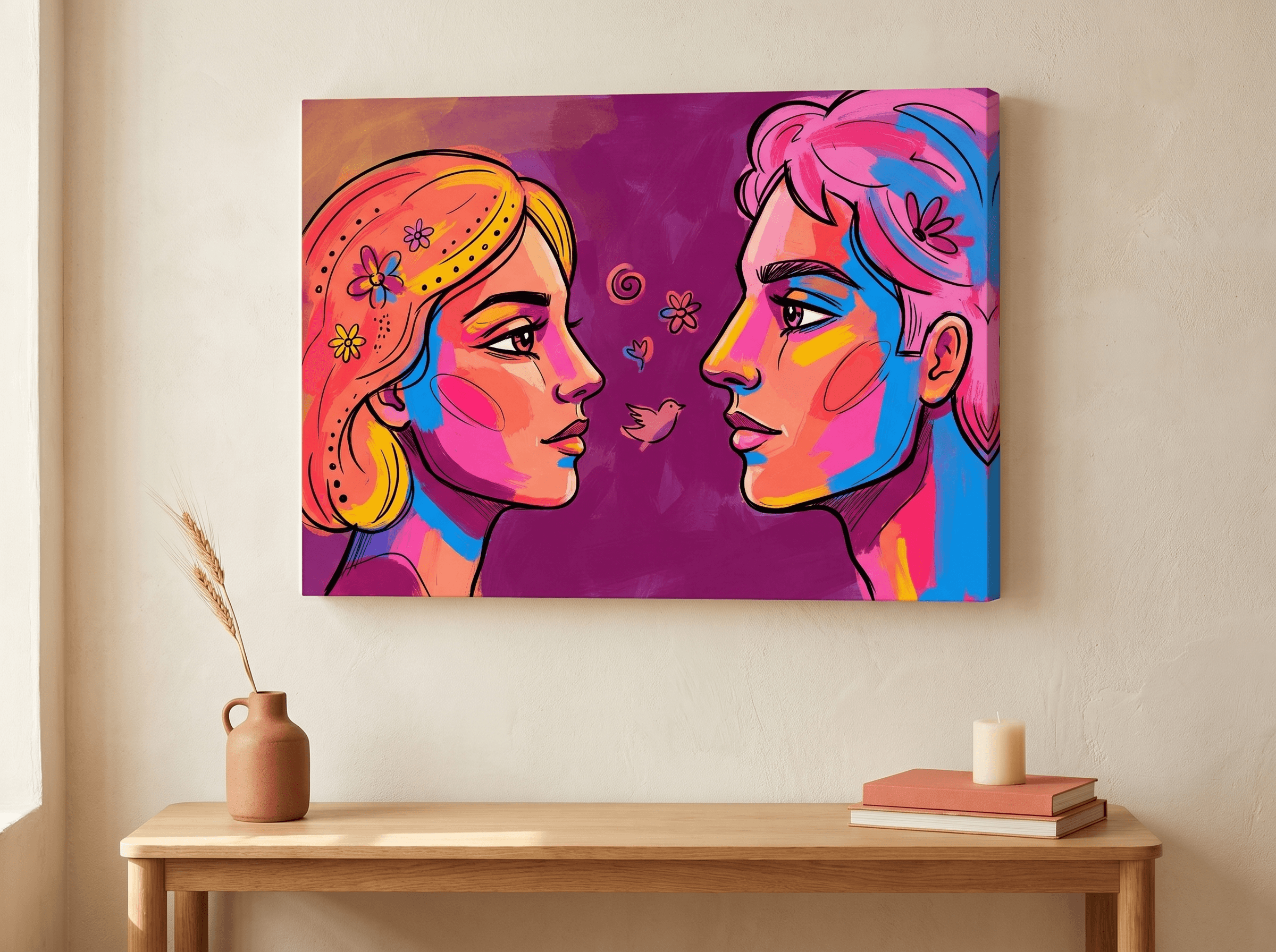 Pop Art Twin Profiles Canvas Wall Art | Bold Magenta Hand Drawn Print | Living Room Home Decor