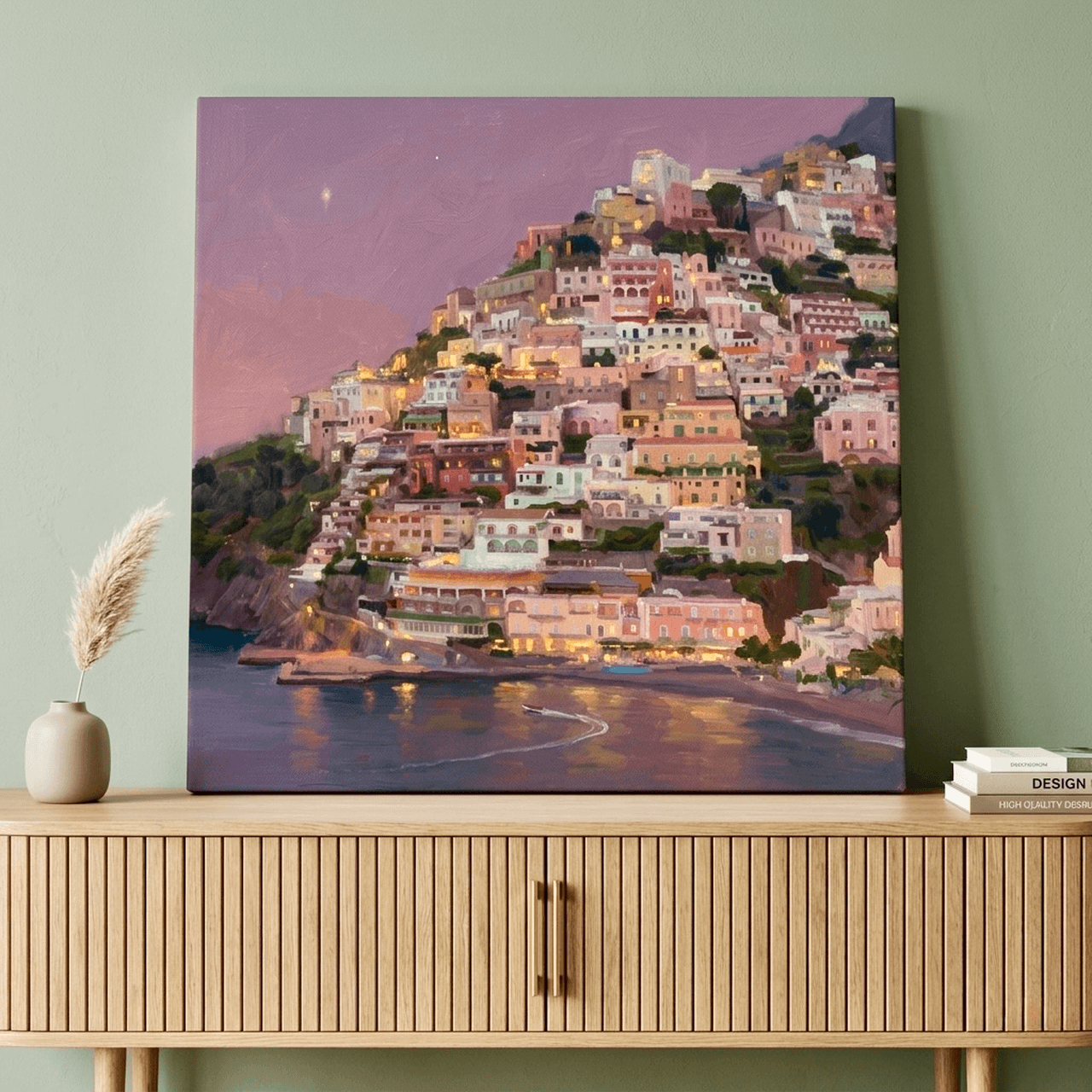 Positano at Dusk Canvas Wall Art | Amalfi Coast Oil Painting Framed Print | Home Decor