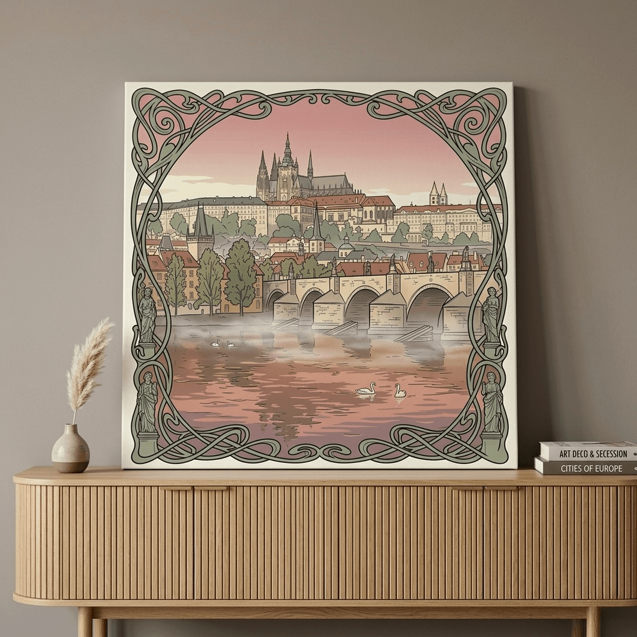 Prague Charles Bridge Canvas Wall Art | Art Nouveau Framed Print | European Home Decor