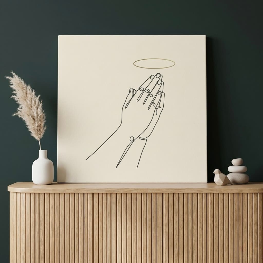 Praying Hands Canvas Wall Art | Faith Line Art Framed Print | Spiritual Home Decor