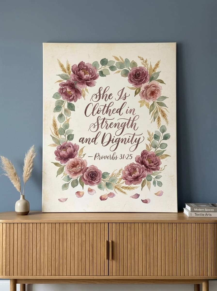 Proverbs 31 Canvas Wall Art | Watercolor Floral Wreath Christian Framed Print | Bedroom Decor