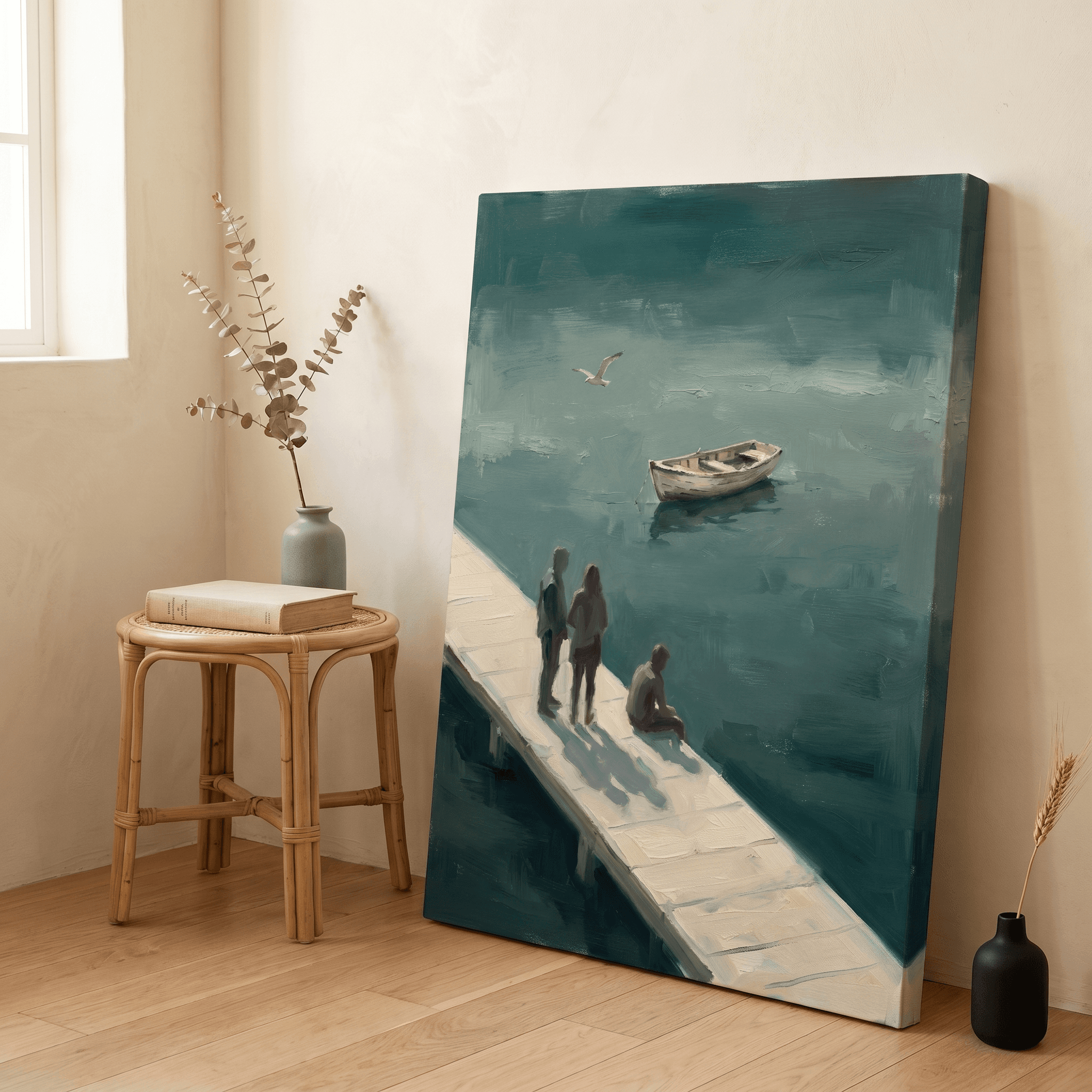 Quiet Pier Figures Canvas Wall Art | Moody Teal Lake Oil Print | Living Room Home Decor