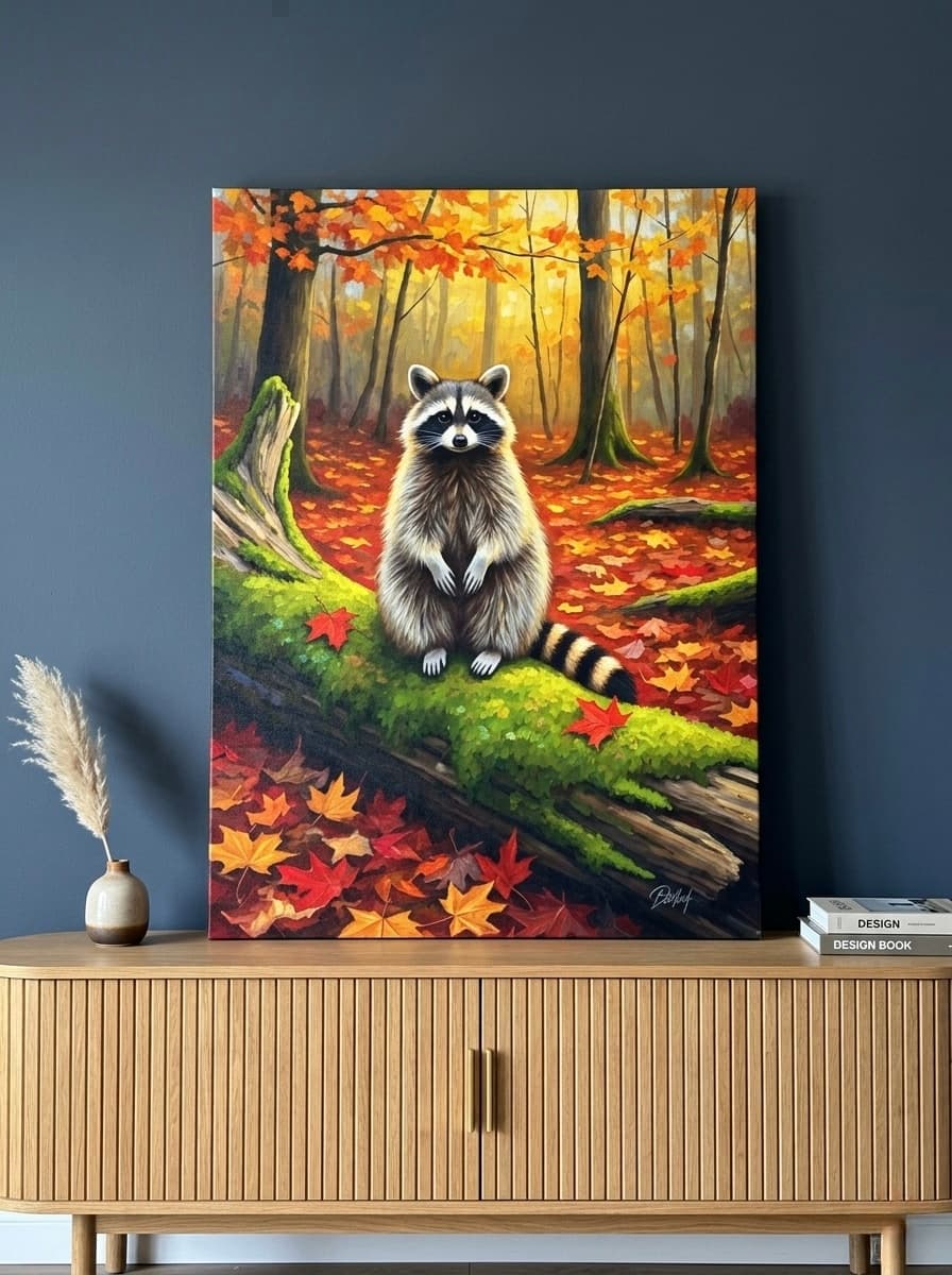 Raccoon Canvas Wall Art | Autumn Woodland Oil Painting Framed Print | Cottage Living Room Decor | Nature Lover Gift