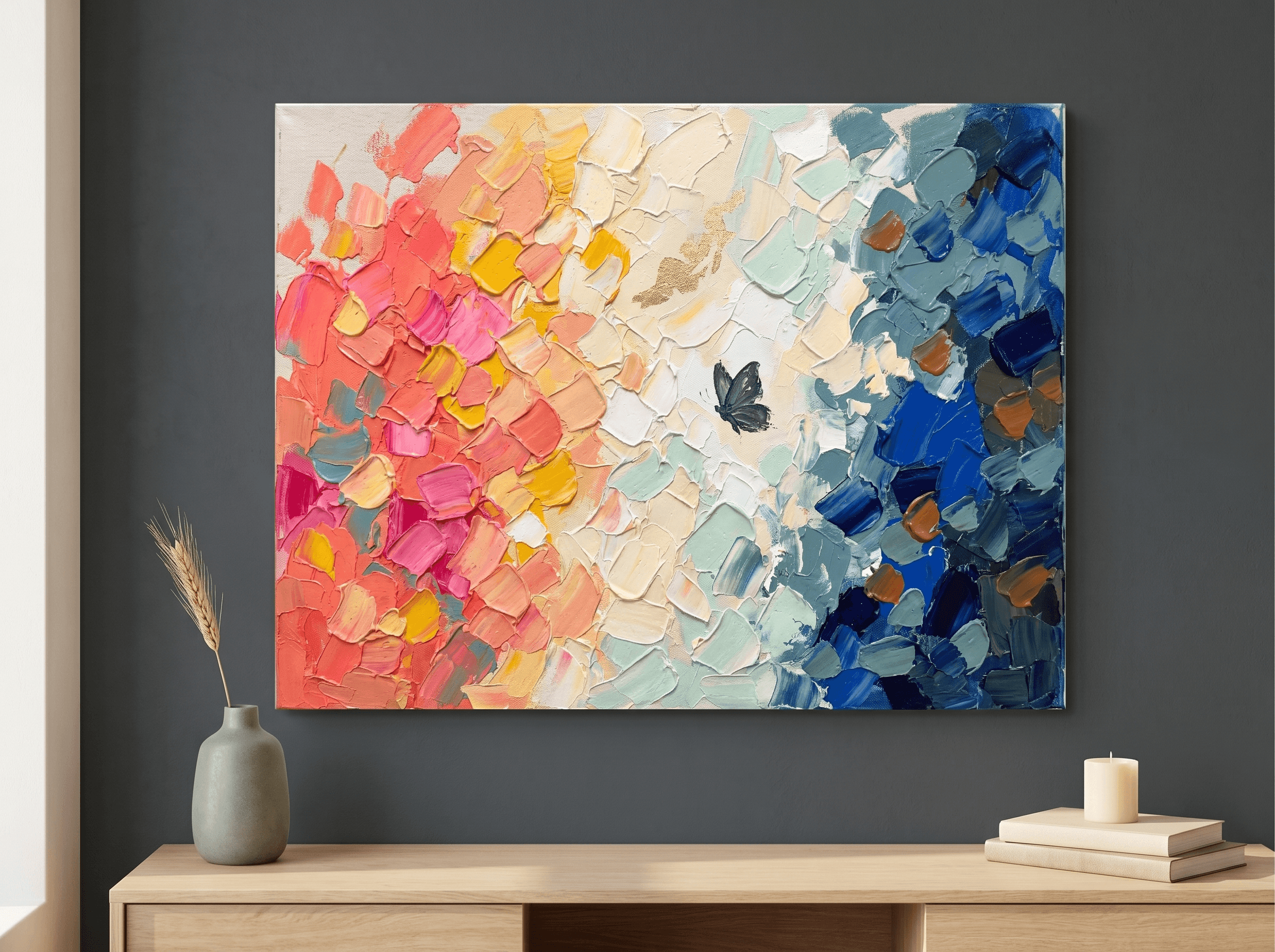 Rainbow Impasto Abstract Canvas Wall Art | Vibrant Palette Knife Print | Living Room Home Decor