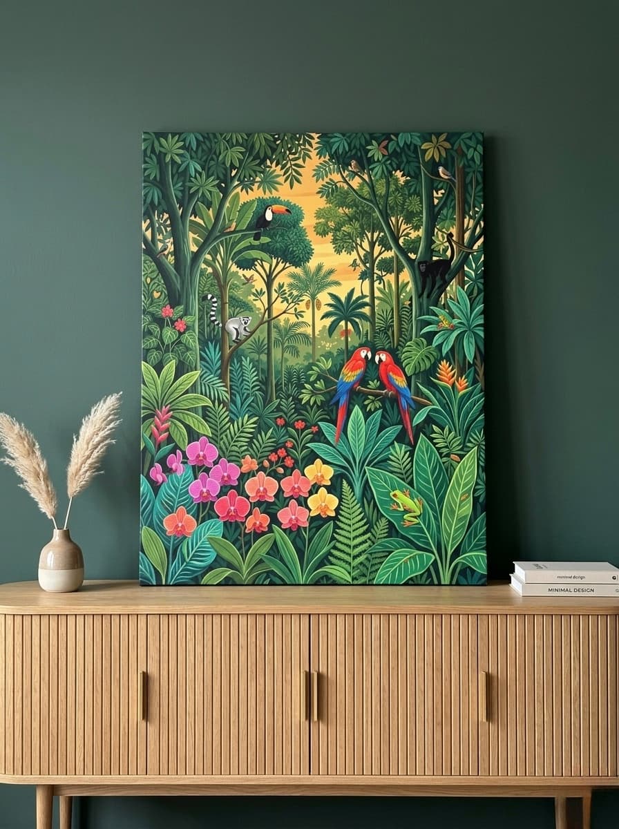 Rainforest Parrots Rousseau Style Nursery Canvas Wall Art | Tropical Jungle Kids Room Decor | Nature Gift