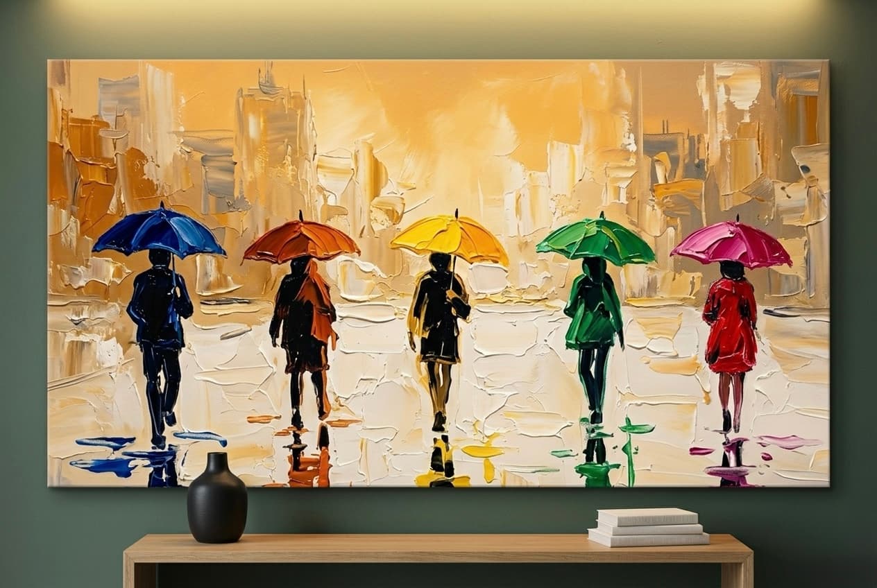 Rainy City Umbrellas Canvas Wall Art | Impasto Street Scene Framed Print | Living Room Home Decor