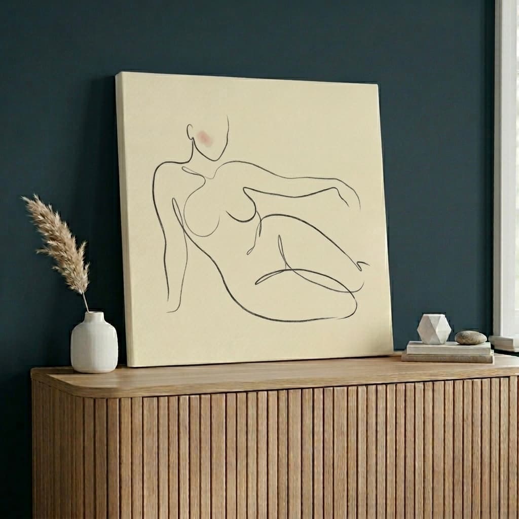 Reclining Feminine Figure Canvas Wall Art | Minimalist Line Art Framed Print | Bedroom Home Decor