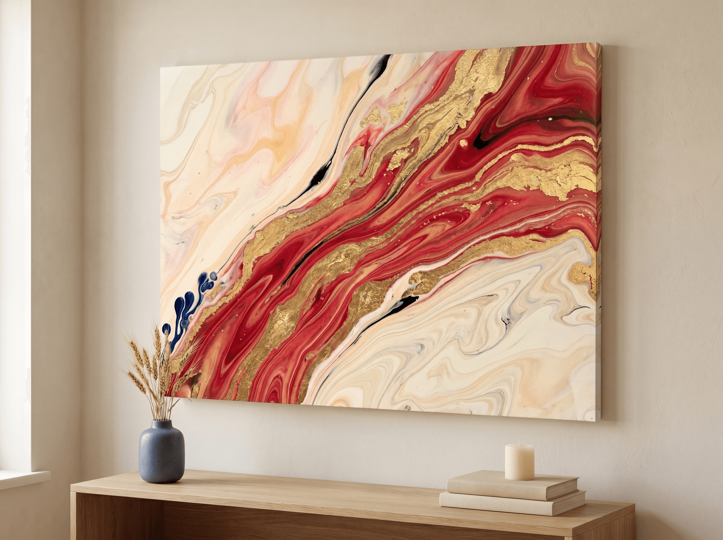 Red Gold Fluid Abstract Canvas Wall Art | Modern Luxury Diagonal Print | Living Room Home Decor