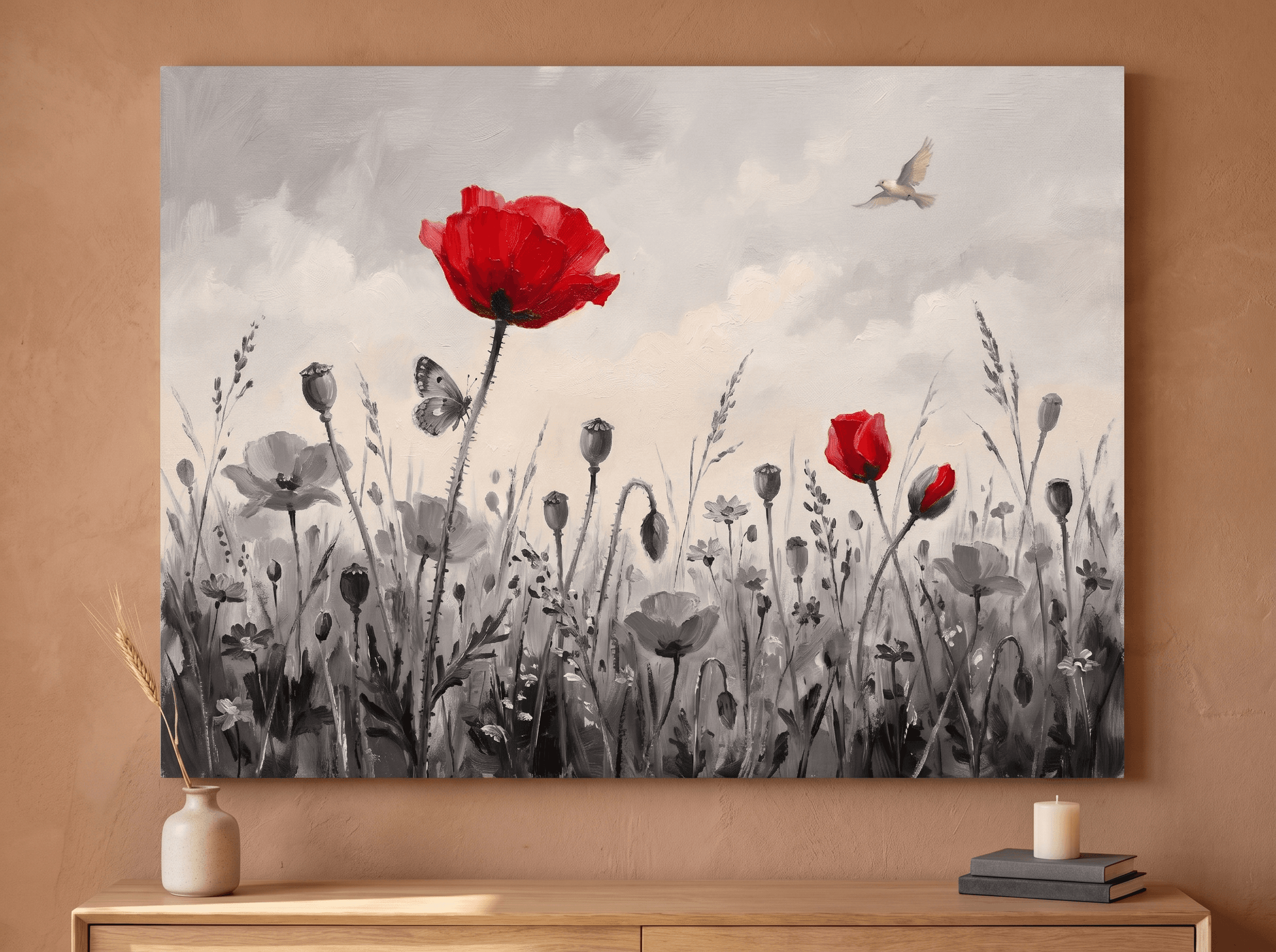 Red Poppy Selective Color Canvas Wall Art | Black White Painterly Print | Living Room Home Decor