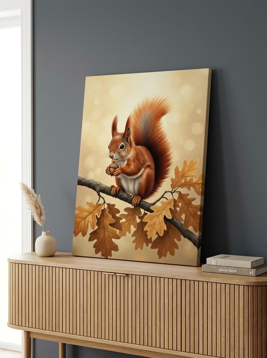 Red Squirrel Canvas Wall Art | Autumn Oak Branch Painting Framed Print | Farmhouse Bedroom Decor | Woodland Gift