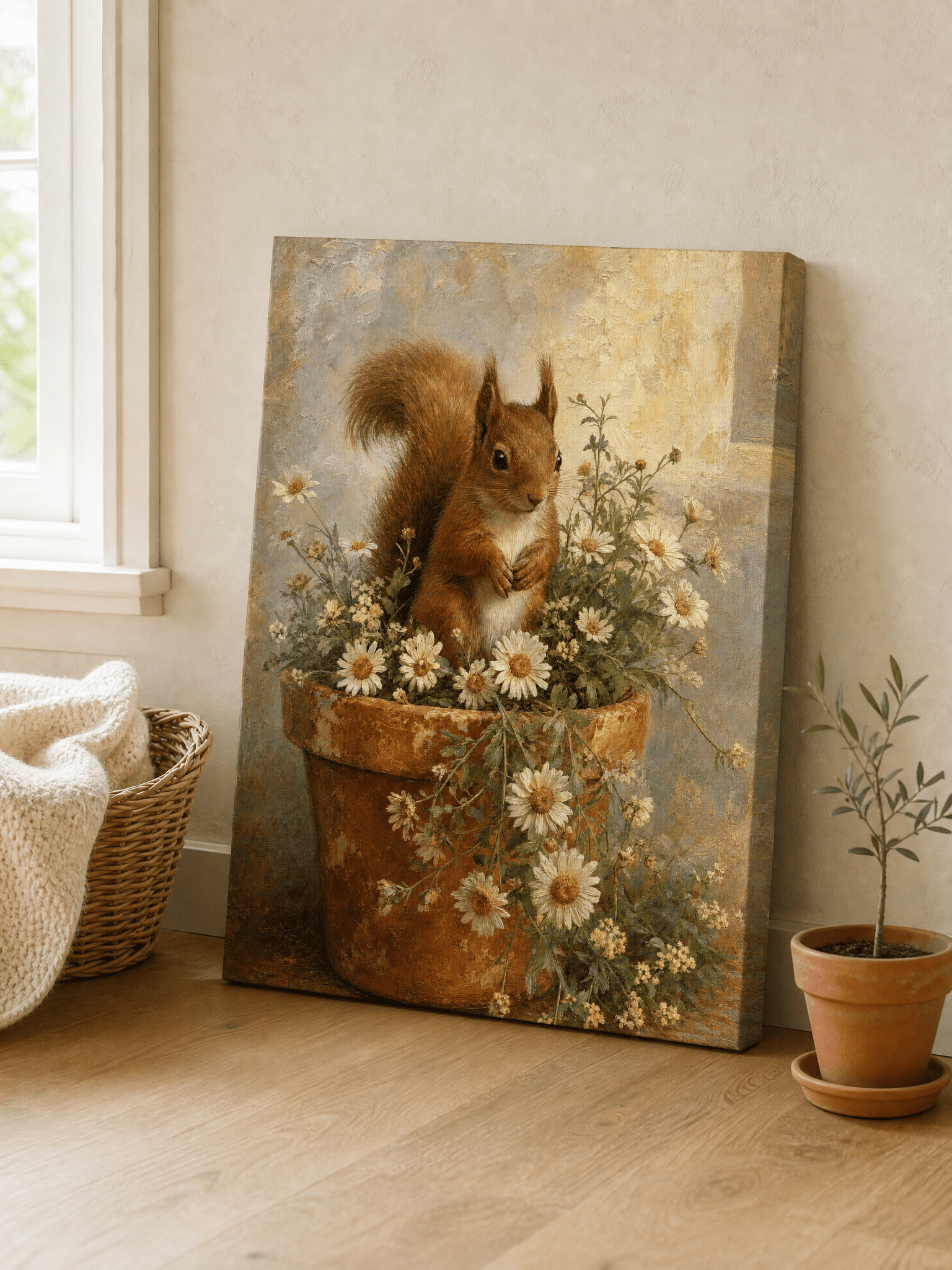 Red Squirrel In Daisy Pot Canvas Wall Art | Vintage Romantic Print | Nursery Home Decor