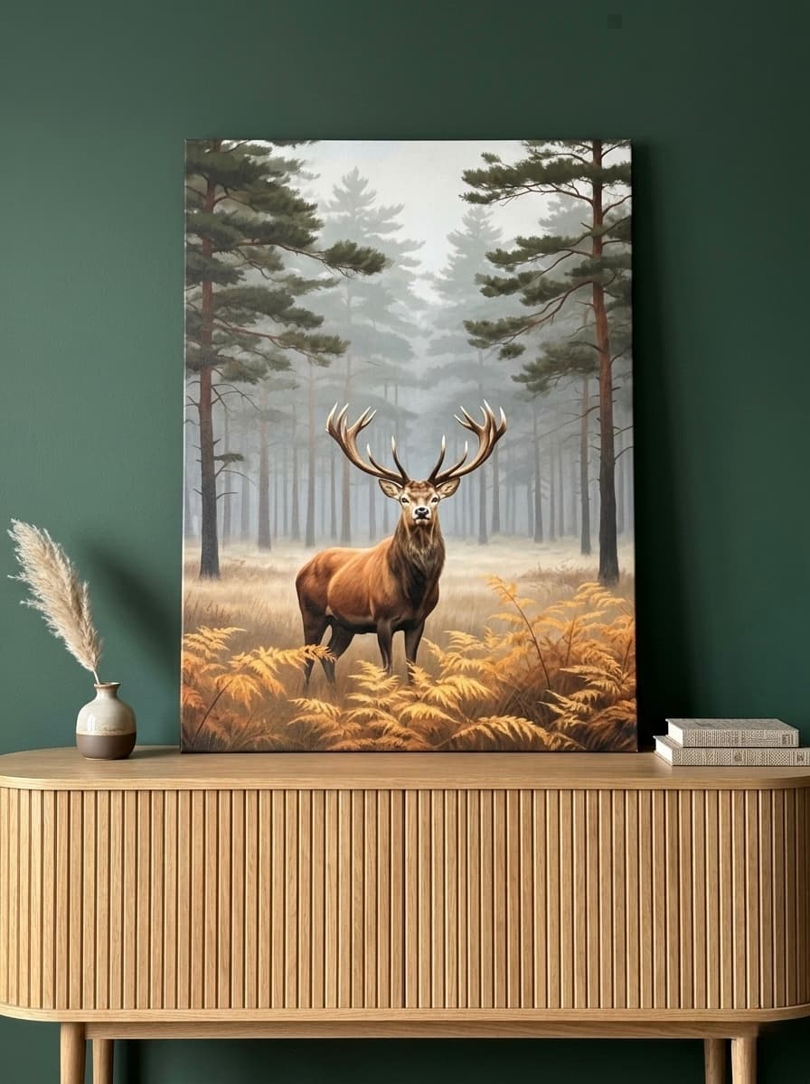 Red Stag Canvas Wall Art | Autumn Forest Oil Painting Framed Print | Study Living Room Decor | Wildlife Lover Gift