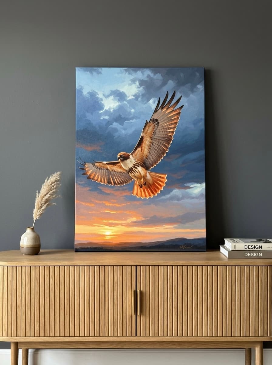 Red Tailed Hawk Canvas Wall Art | Soaring Eagle Oil Painting Framed Print | Home Office Decor | Raptor Art Gift