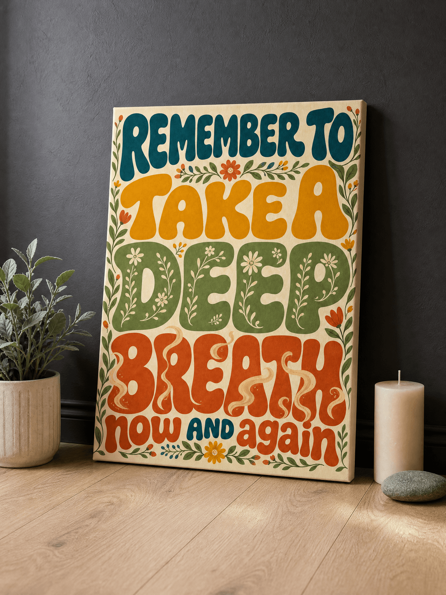 Remember Take A Deep Breath Canvas Wall Art | Retro 70s Print | Bedroom Home Decor