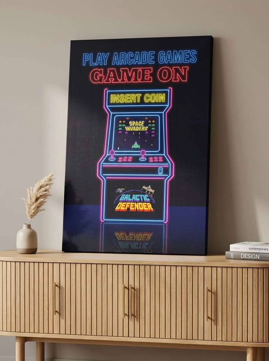 Retro Arcade Machine Canvas Wall Art | Neon Glow Framed Print | Game Room Home Decor