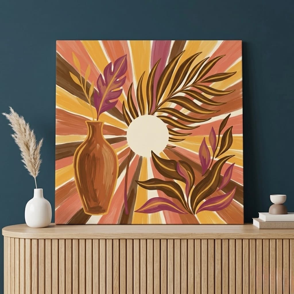 Retro Tropical Botanical Canvas Wall Art | Bohemian Sunburst Framed Print | Living Room Home Decor