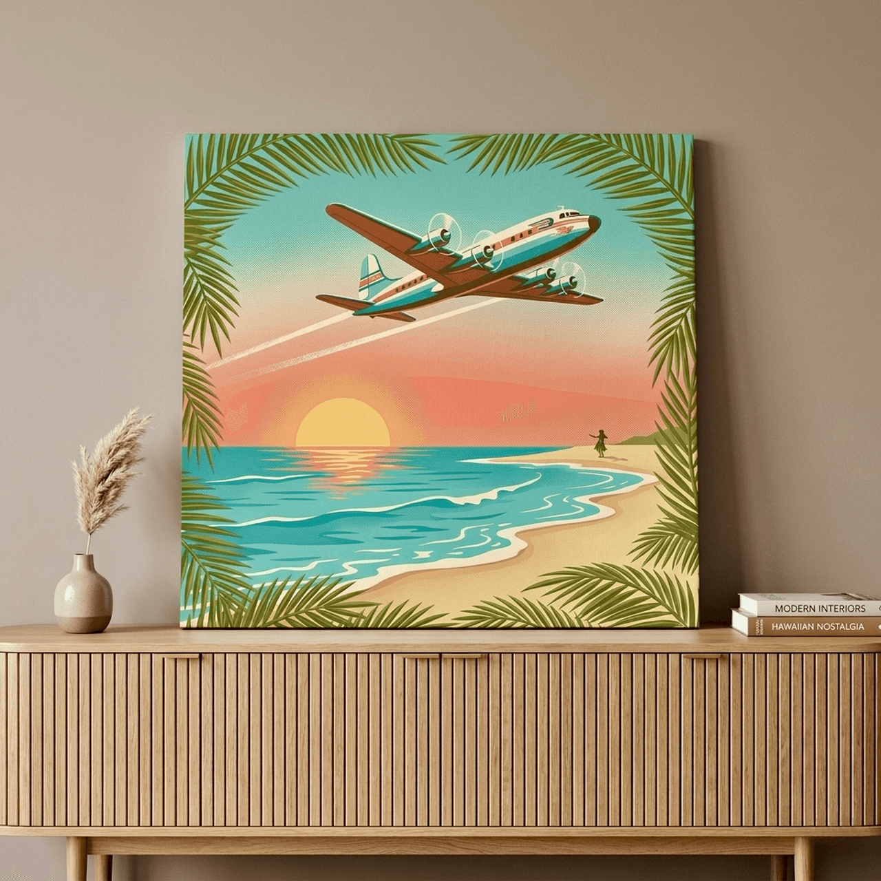 Retro Vintage Airplane Canvas Wall Art | Tropical Beach Travel Framed Print | Coastal Home Decor