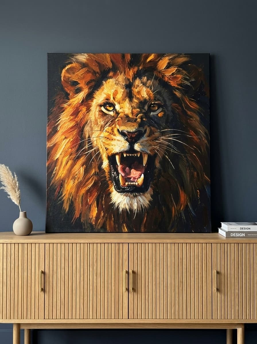 Roaring Lion Wall Art Canvas | Bold Oil Painting Framed Print | Home Office Living Room Decor