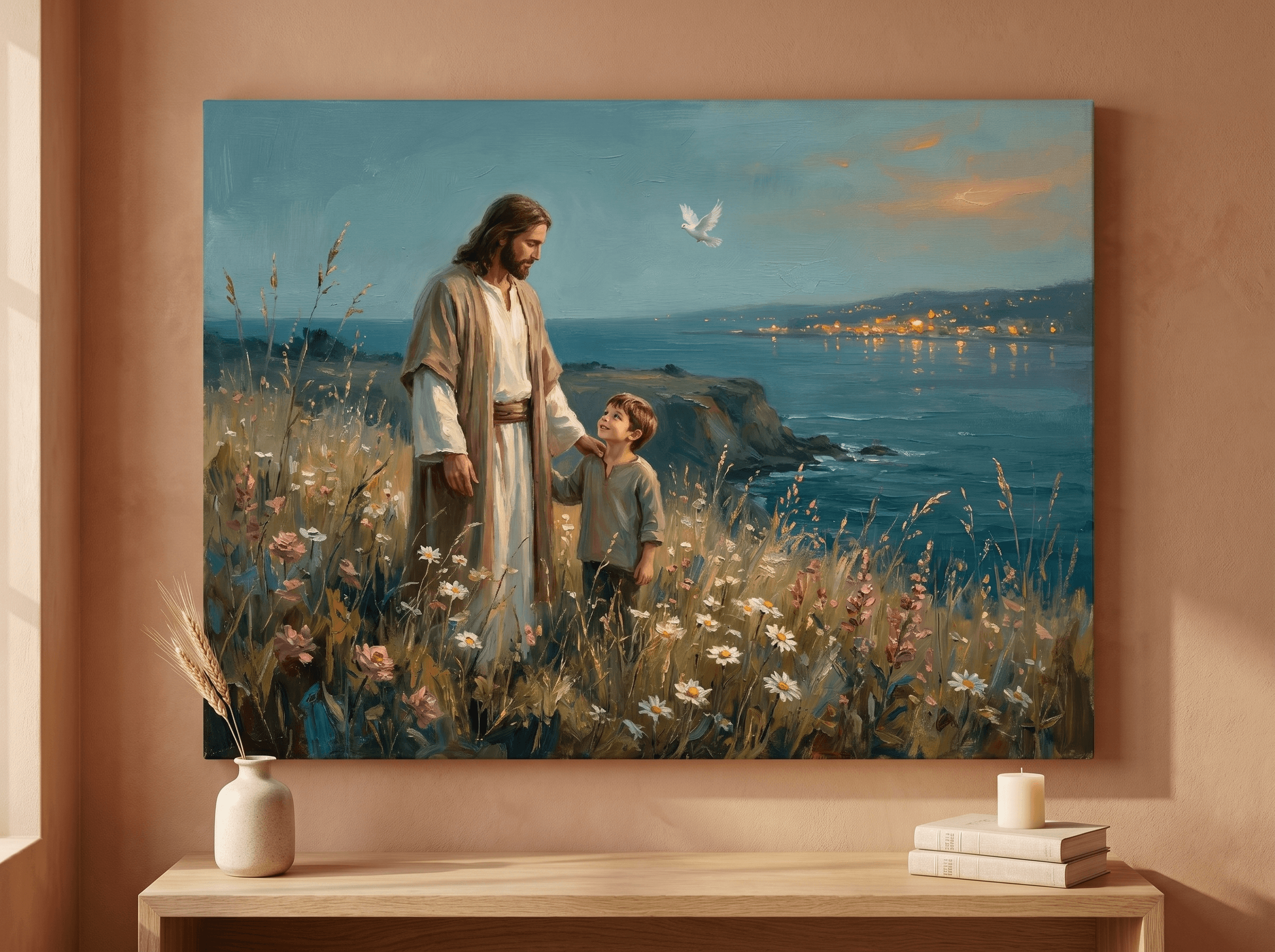 Robed Figure Child Ocean Cliff Canvas Wall Art | Twilight Pastoral Christian Print | Home Decor