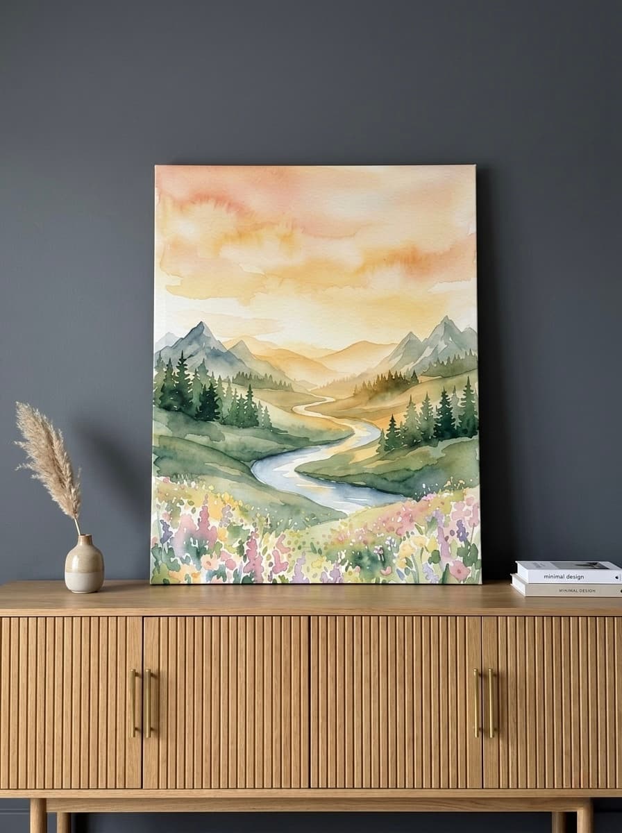 Rolling Hills Sunrise Watercolor Nursery Canvas Wall Art | Golden Landscape Kids Room Decor | Nature Print
