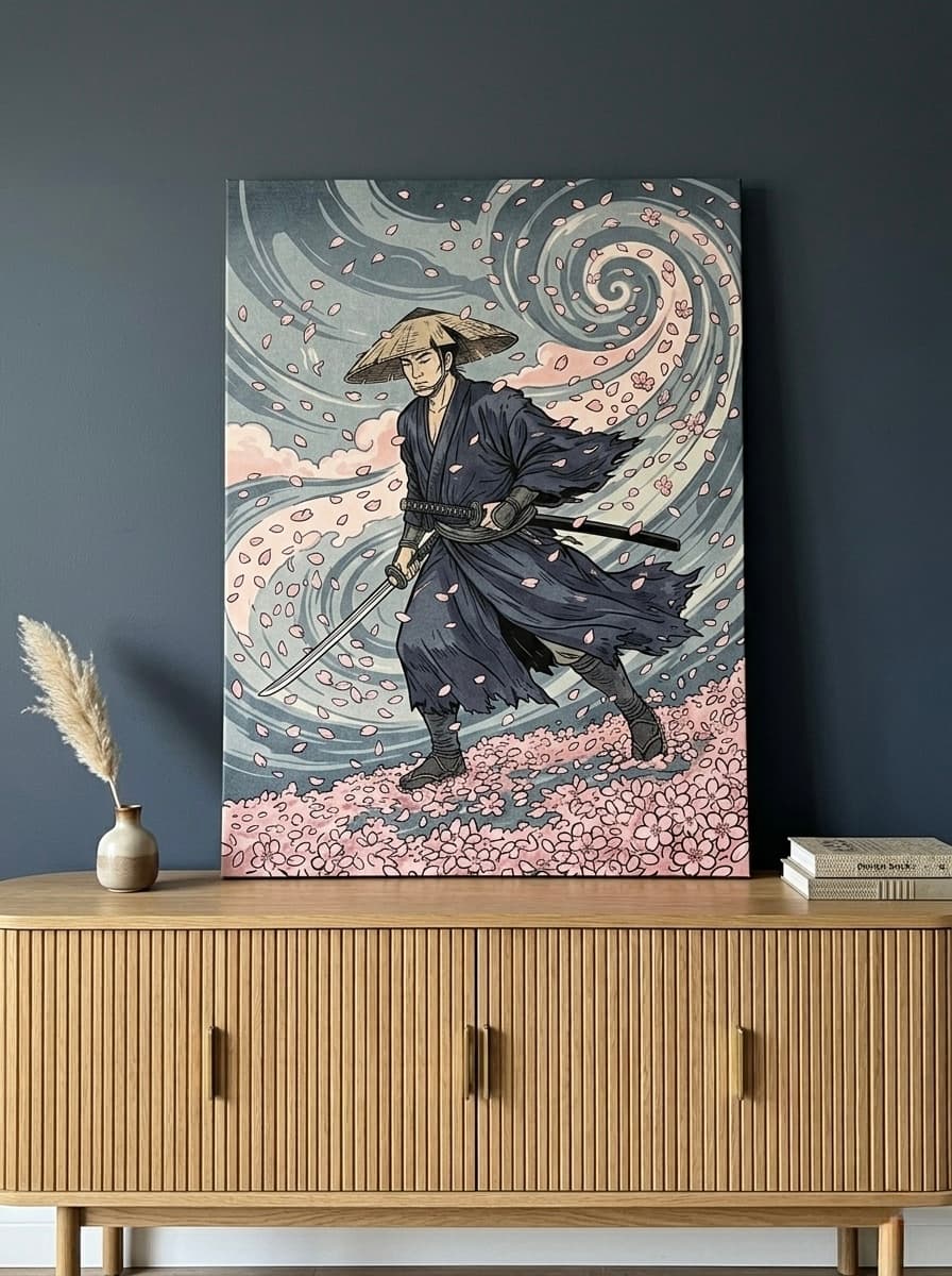 Ronin Samurai Cherry Blossom Canvas Wall Art | Ukiyo-e Japanese Print | Woodblock Style Decor | Grey Pink Art