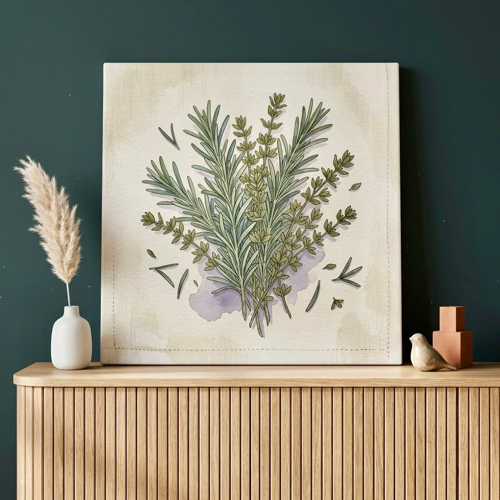 Rosemary Herb Botanical Canvas Wall Art | Garden Illustration Framed Print | Kitchen Home Decor