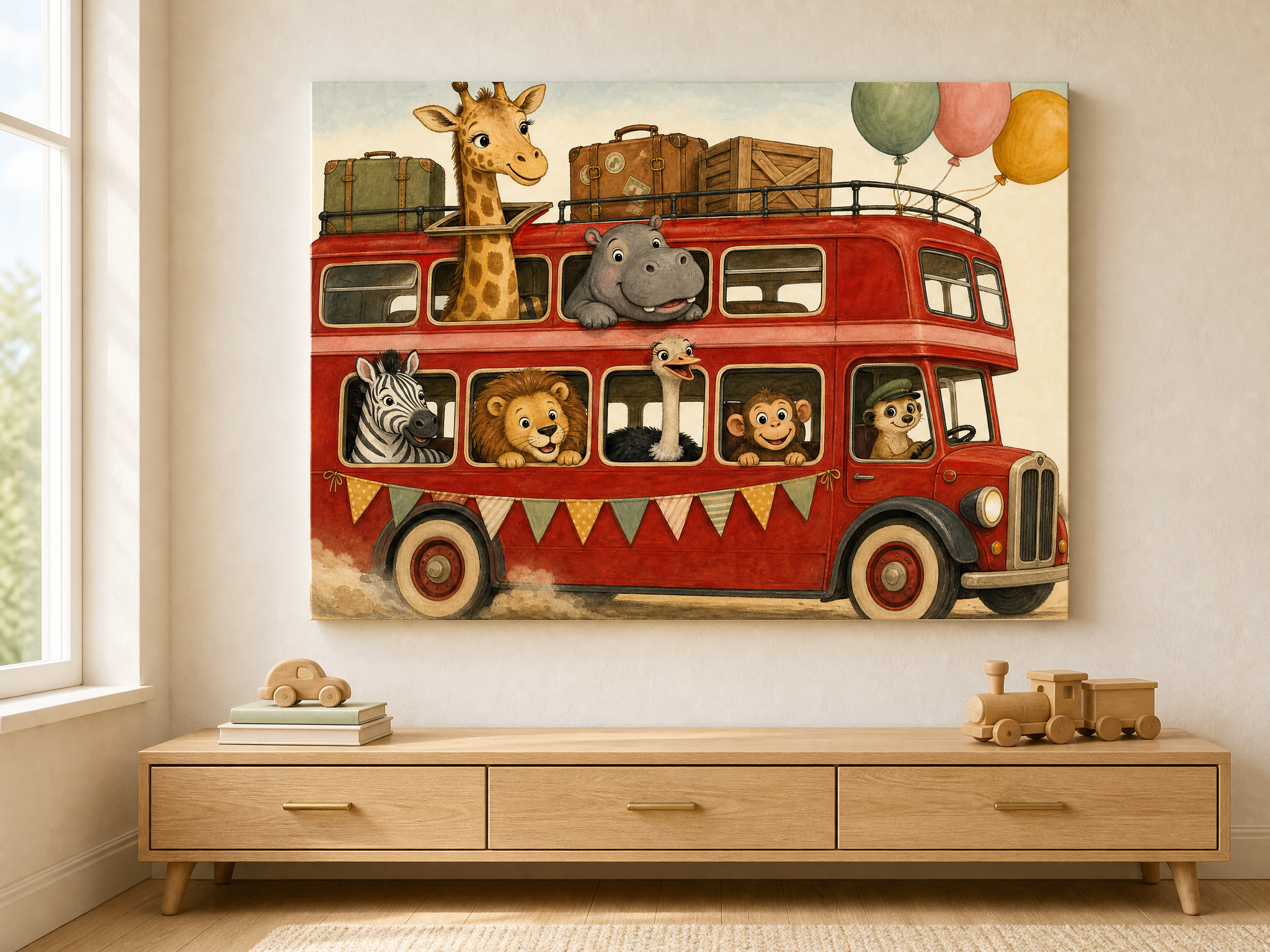 Safari Animals Red Bus Canvas Wall Art | Storybook Print | Nursery Home Decor