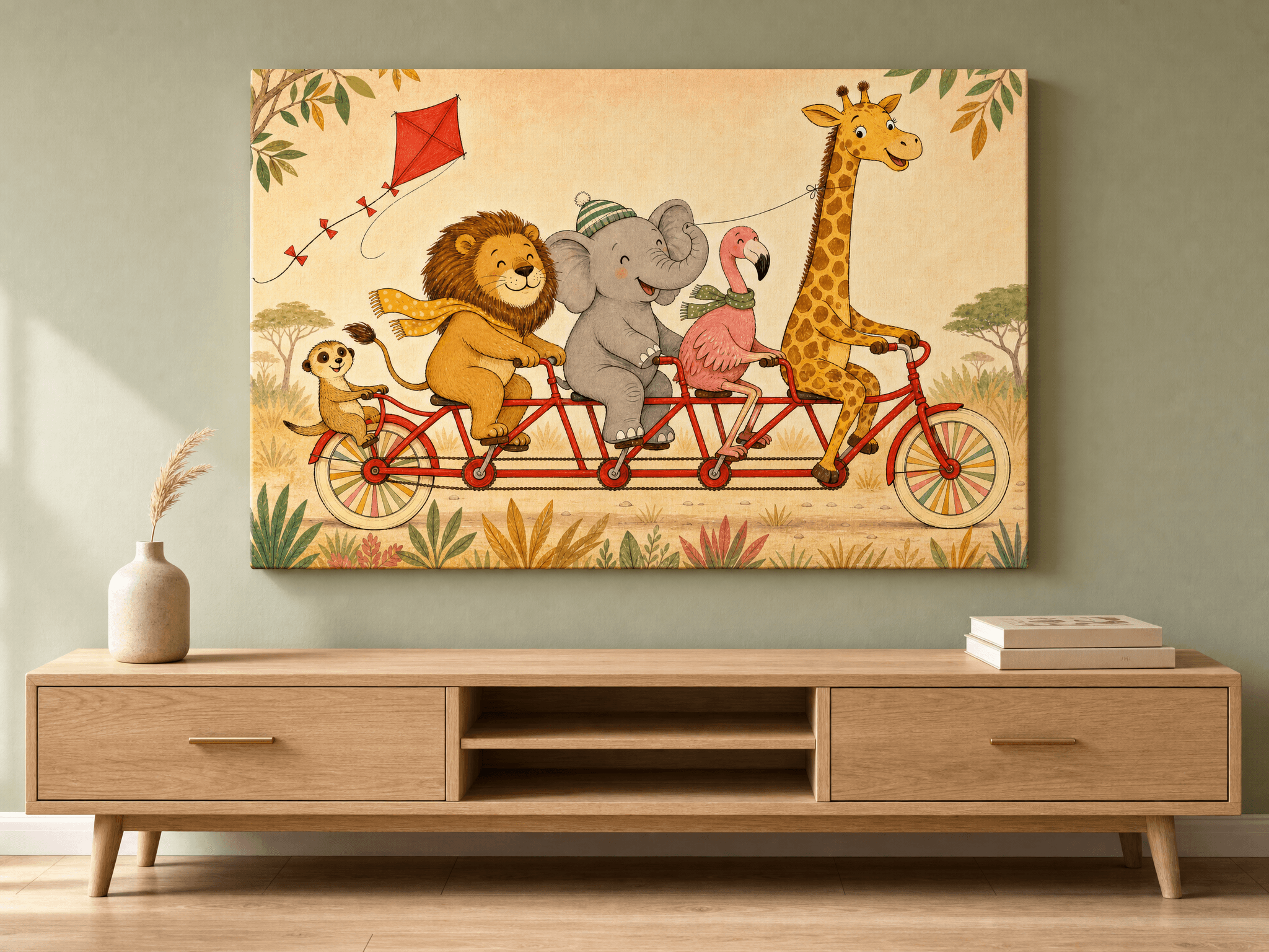 Safari Animals Tandem Bike Canvas Wall Art | Storybook Print | Nursery Home Decor