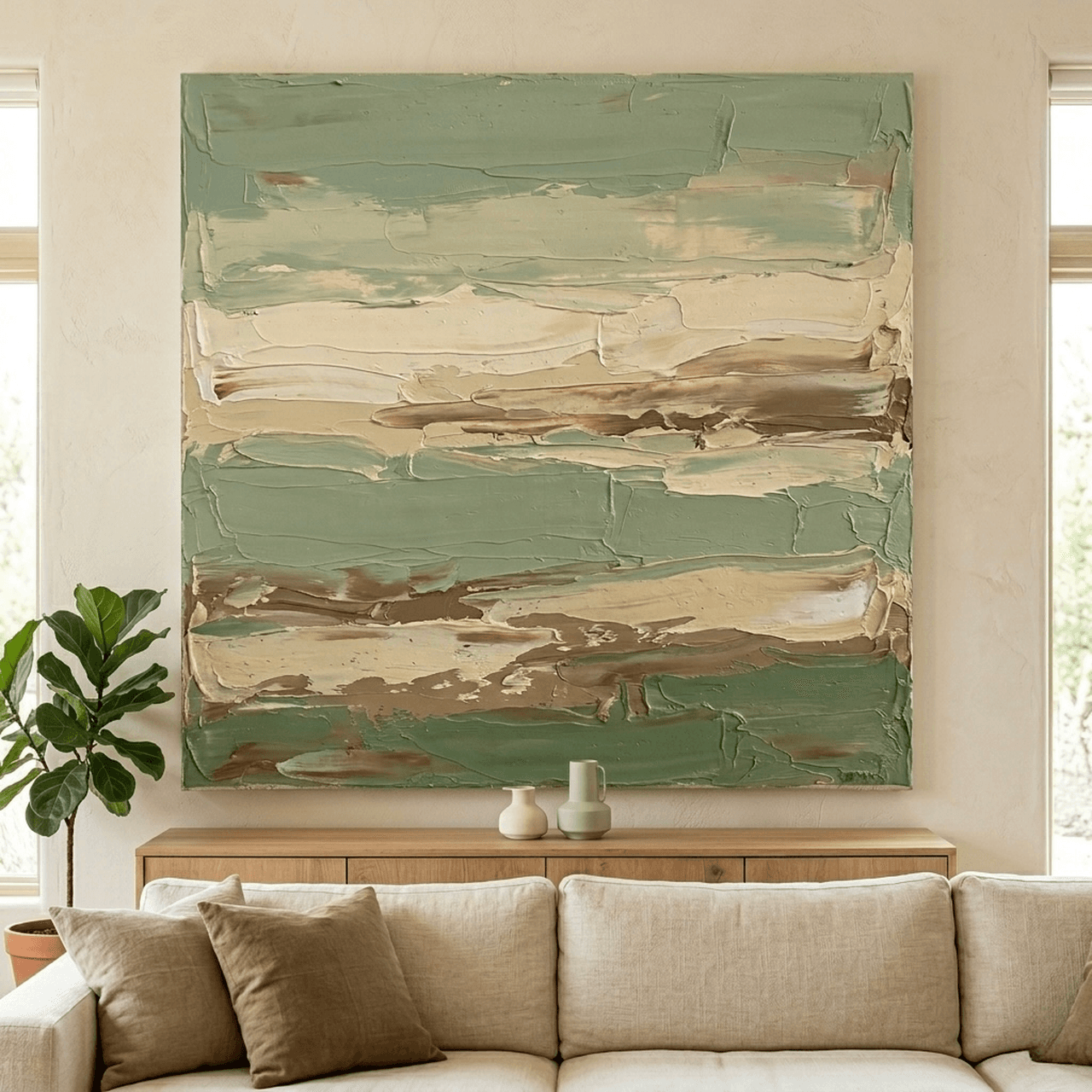 Sage Green Abstract Landscape Canvas Wall Art | Impasto Print | Modern Home Decor