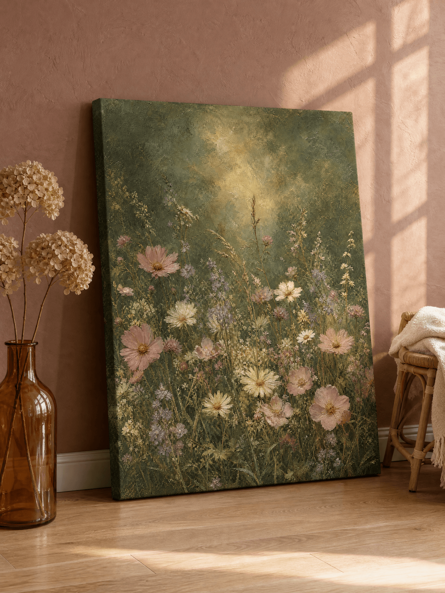 Sage Wildflower Meadow Canvas Wall Art | Cottagecore Romantic Print | Bedroom Home Decor