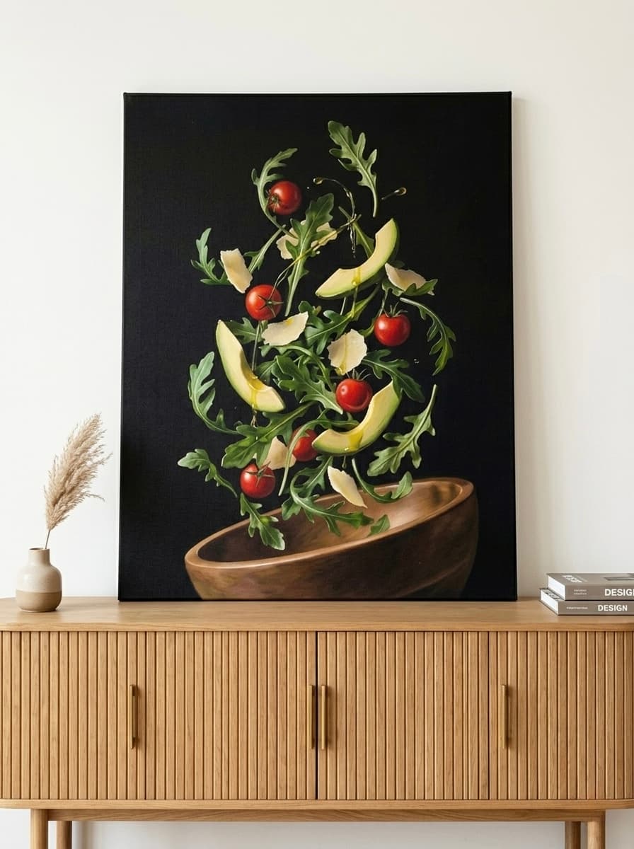 Salad Toss Canvas Wall Art | Cinematic Food Photography Print | Mediterranean Dining Framed Decor