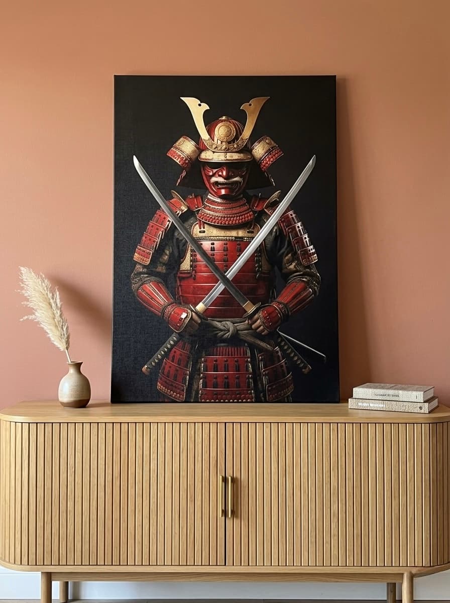 Samurai Armor Canvas Wall Art | Japanese Warrior Print | Shogun Helmet Katana Decor | Dark Dramatic Wall Art