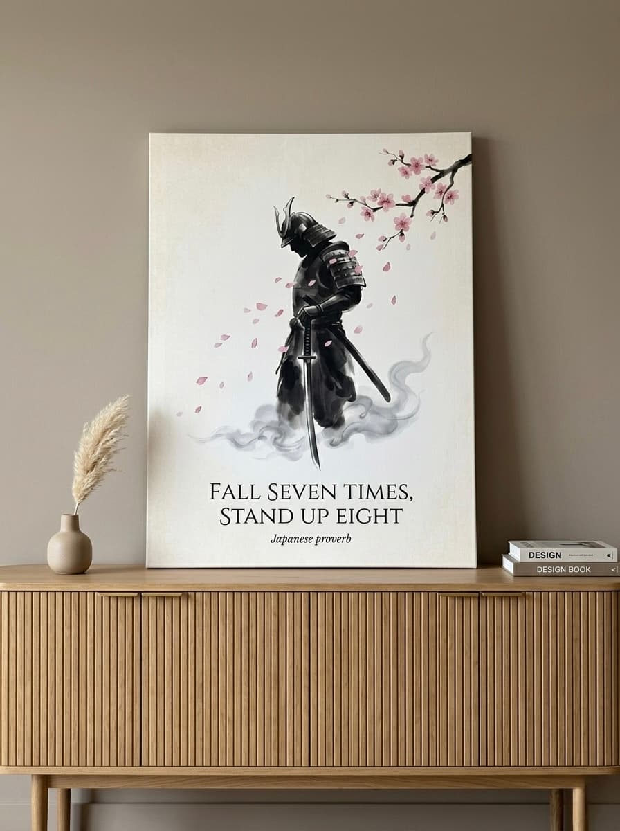 Samurai Cherry Blossom Wall Art Canvas | Japanese Warrior Framed Print | Home Office Decor