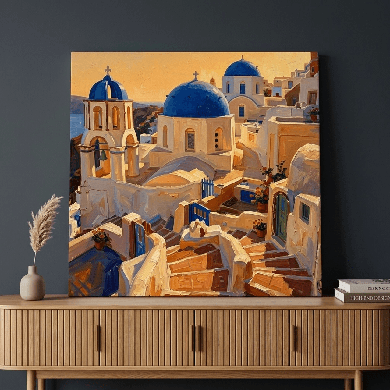 Santorini Blue Dome Canvas Wall Art | Greek Island Oil Painting Framed Print | Mediterranean Home Decor