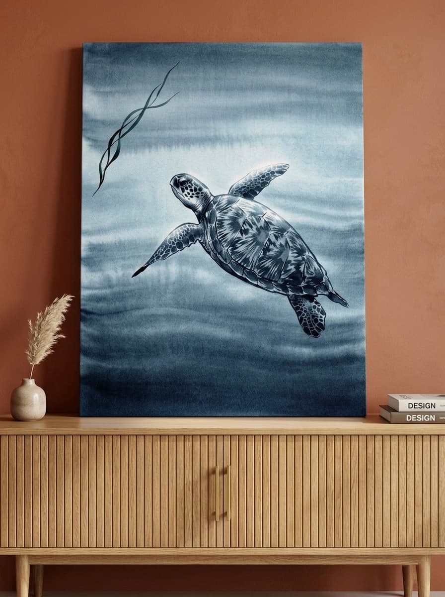 Sea Turtle Canvas Wall Art | Ocean Wildlife Minimalist Painting | Framed Canvas Print, Ready to Hang