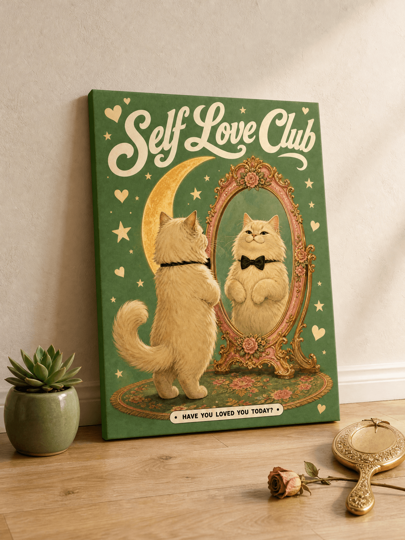 Self Love Club Cat Canvas Wall Art | Vintage Poster Print | Bedroom Home Decor
