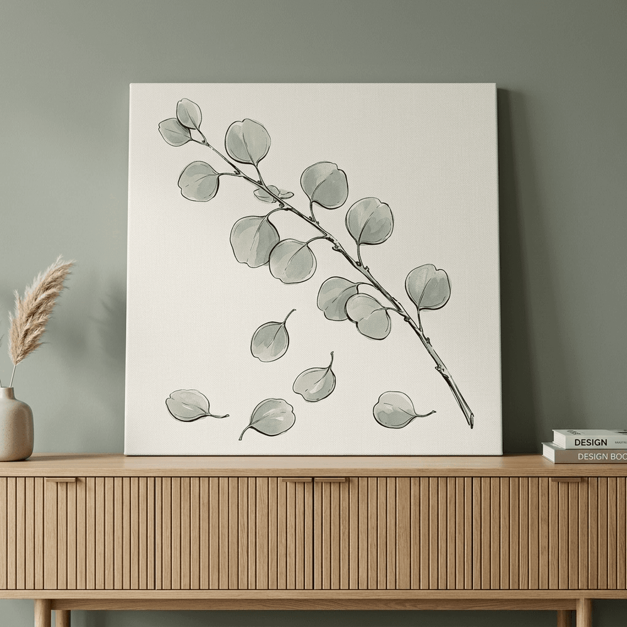 Silver Dollar Eucalyptus Canvas Wall Art | Botanical Branch Ink Framed Print | Minimalist Decor