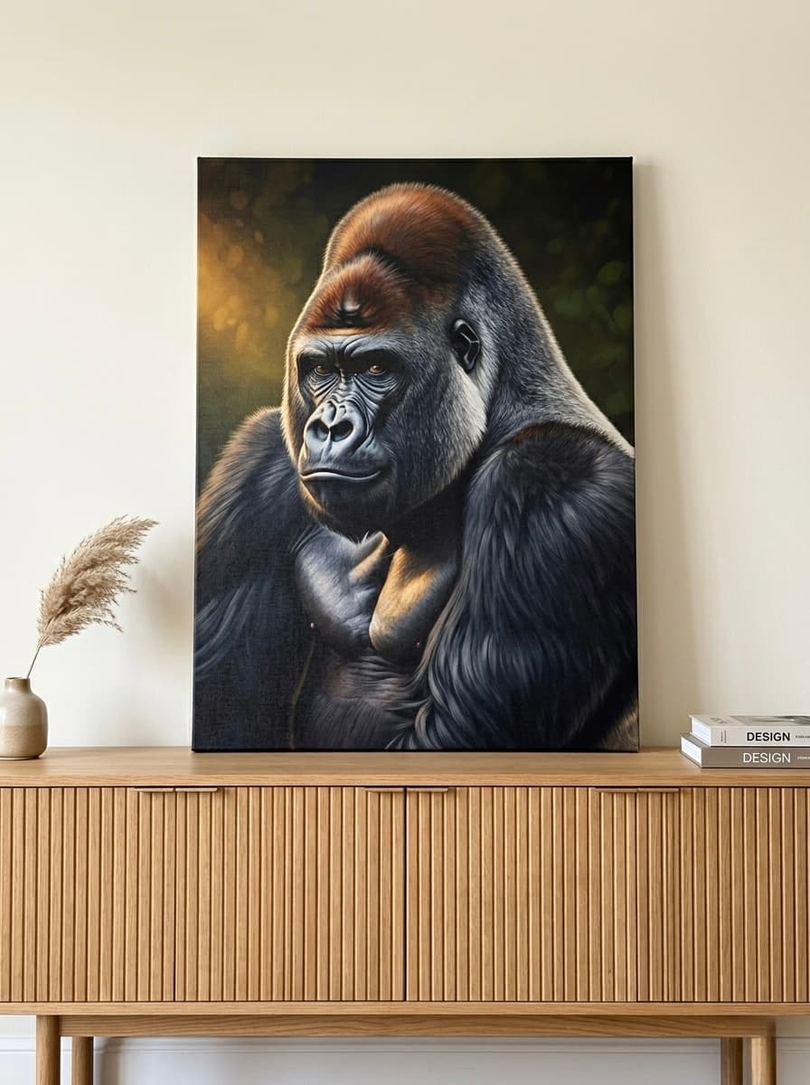 Silverback Gorilla Canvas Wall Art | Wildlife Portrait Oil Painting Framed Print | Library Den Decor | Primate Art Gift