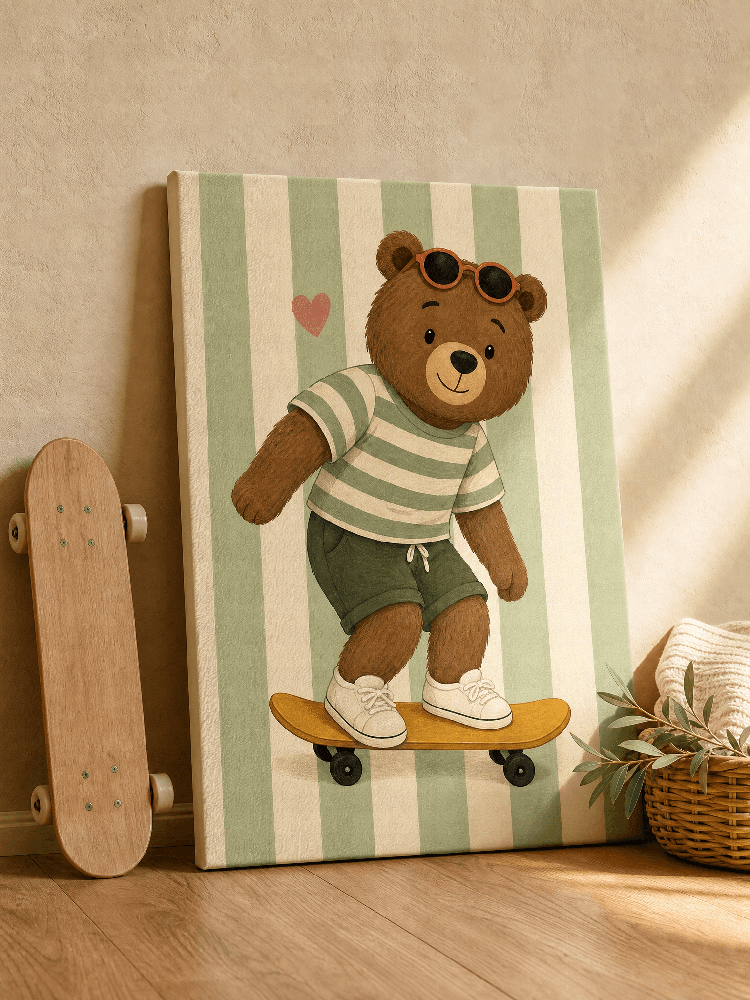Skateboard Bear Canvas Wall Art | Cool Animal Nursery Print | Kids Room Home Decor