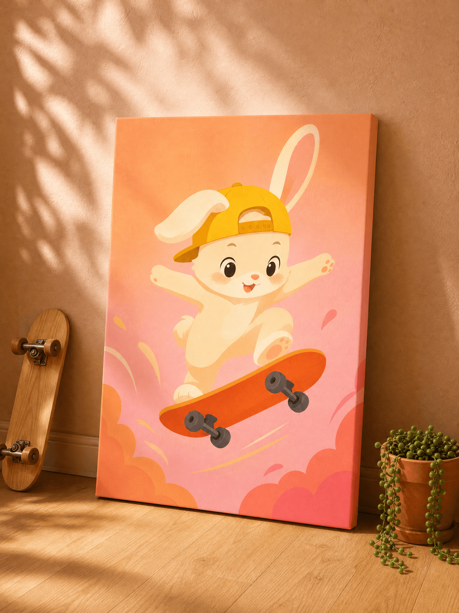 Skateboard Bunny Canvas Wall Art | Cute Animal Nursery Print | Kids Room Home Decor