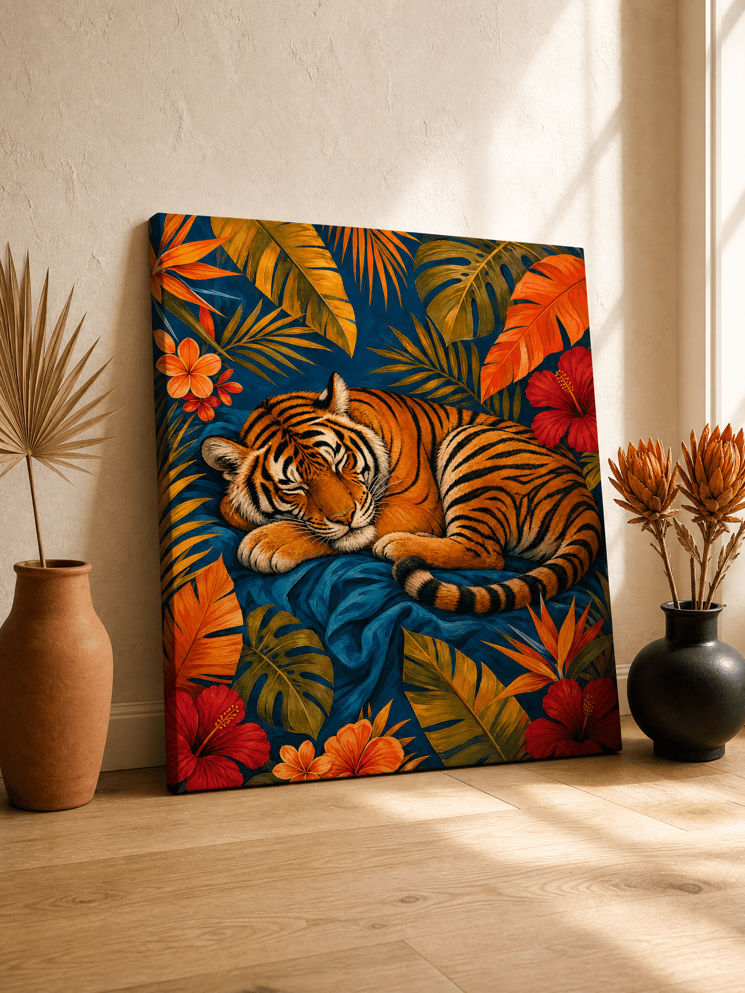 Sleeping Tiger Tropical Leaves Canvas Wall Art | Pop Art Print | Living Room Home Decor
