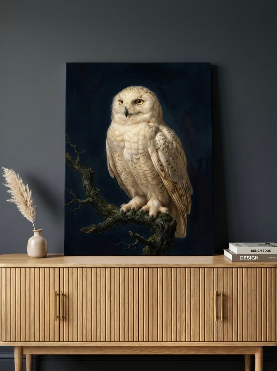 Snowy Owl Canvas Wall Art | White Owl Wildlife Painting | Framed Canvas Print, Ready to Hang